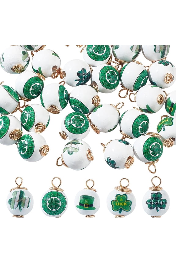 30 Pcs 5 Styles St. Patrick's Day Charms Wood Shamrock Pedants Green Leaf Luck Hat Charms Golden Tone Copper Wire Wrapped Round Charms for Jewelry Making Craft Supplies Blue DIY