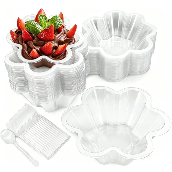 30Pcs 6.7 oz Clear Dessert Cups, Disposable Flower Shaped Ice Cream Bowls, Plastic Dessert Cups with Spoons, Parfait Appetizer Cups for Snack, Nuts, and Salad
