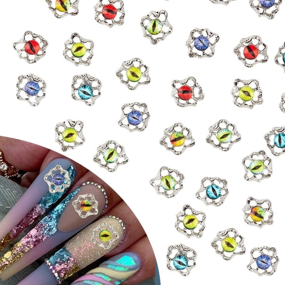 30 Pcs 6 Colors Nail Charms Mixed Color Alloy Nail Decoration Colorful Nail Art Jewels Lucky Devil Eye Nail Accessories for Acrylic Nails