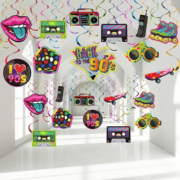 30 Pcs 90s Party Decorations 90s Party Hanging Swirls Decorations Hip Hop Retro Rock Hippie Ceiling Decor 1990s Vintage Birthday Favors Supplies for Home Ceiling Decor Birthday Supplies