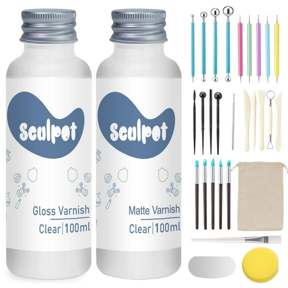 Air Dry Clay Varnish with Clay Tools Kit, 2 x 3.4 fl oz, Gloss & Matte Clay Glaze for High Luster Scratch Resistant, Waterproof, Pottery Polymer Clay Tool kit to Sculpting, Modeling, Shaping