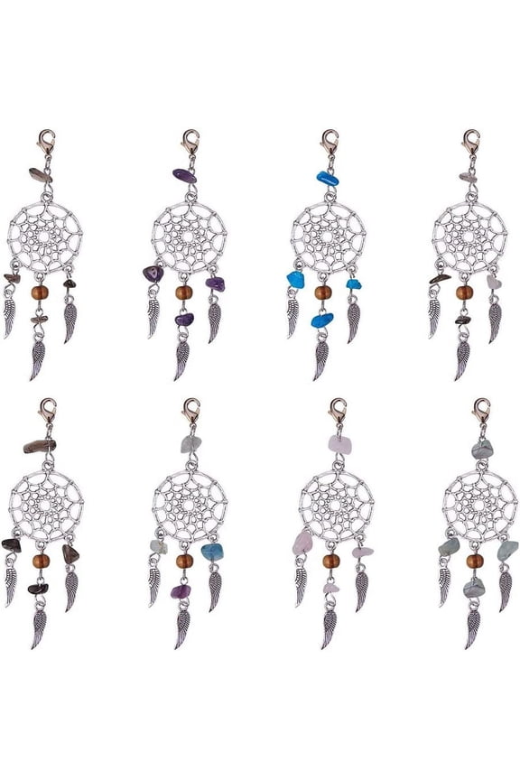30 Pcs Alloy Dream Catcher Dreamcatcher Charms Pendants with Feathers Tassels Gemstone Beads and Brass Lobster Claw Clasps Catcher Dangling Pendants for Jewellery Making Silver