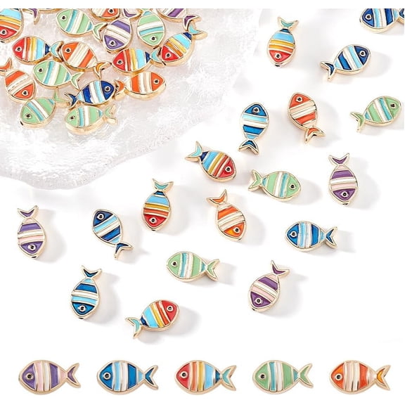 30 Pcs Alloy Enamel Fish Beads 5 Colors Streak Fish Spacer Beads with Golden Side Metal Ocean Animal Beads Summer Beach Beads for Bracelet Necklace Jewelry Making 9x16mm Mixed Color