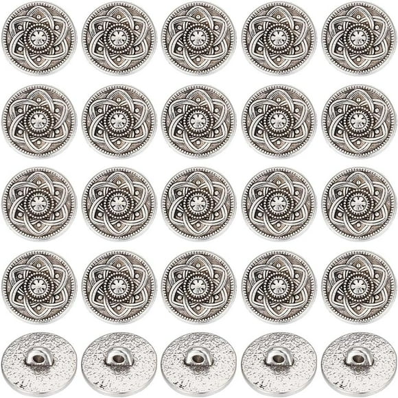 30 Pcs Alloy Shank Buttons Antique Silver Flower Pattern Round Button Vintage Flat Round Button Tibetan Style Buttons with 1 Hole for Clothing Decoration DIY Sewing