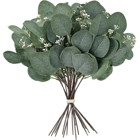 30 Pcs Artificial Eucalyptus Stems with White Seeds,Fake Silver Dollar Eucalyptus Leaves Stem Faux Leaf for Wedding Bouquets, Flower Arrangements, Tables Centerpieces, Home Decor