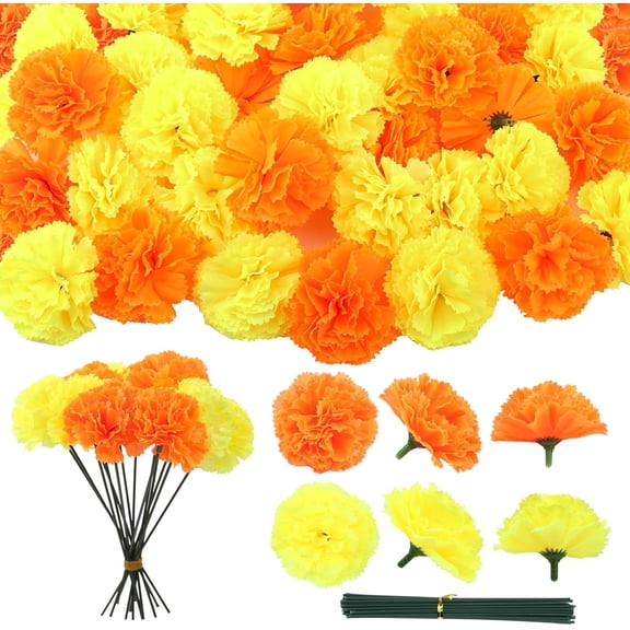 30 Pcs Artificial Marigold Flowers,Silk Marigold Flower Heads with Stems,Orange Flowers Artificial for Day of The Dead Halloween Diwali Party Decorations Home Decor(Yellow-orange)