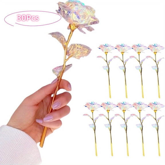 30 Pcs Artificial Rainbow Roses with Gold Leaf,Suitable for Wedding Birthday Party Decor,Plastic Glitter Roses Bouquet for Valentine's Day Mother's Day Christmas Thanksgiving Gifts