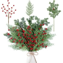 30 Pcs Artificial Red Berry Pine Branches, Fake Greenery Pine Picks with Pine Cones, Christmas Pine Needles for DIY Wreath Xmas Embellishing Flower Arrangements Decoration