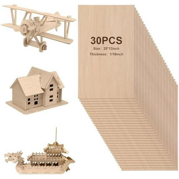 30 Pcs Balsa Wood Sheets 12 x 20 x 1/16 Inch Basswood Sheets for Crafts Plywood Unfinished Wooden Boards Rectangular Wood Planks for DIY Models Projects Drawing Laser Cutting$$Art & Craft