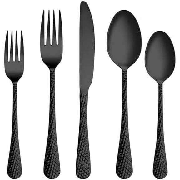 30 Pcs Black Hammered Silverware Set Service for 6,Stainless Steel Flatware Set,Mirror Polished Cutlery Utensil Set,Durable Kitchen Eating Tableware Set,Include Fork Knife Spoon Set,Dishwasher Safe