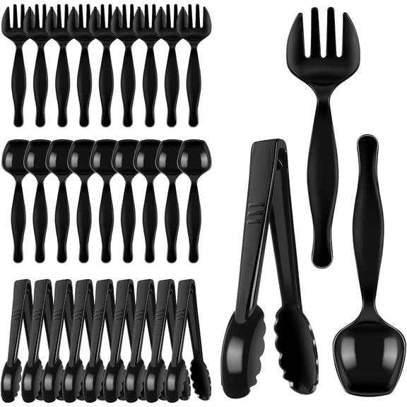 30 Pcs Black Plastic Serving Utensils Set - Includes 10 Spoons, 10 Tongs, 10 Forks - Heavy Large Disposable Serving Utensils for Parties, Holidays & Events,Gatherings