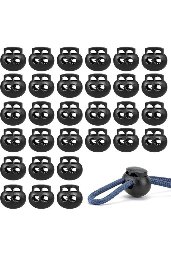 30 Pcs Black Plastic Spring Cord Lock Toggle Stopper, Double Hole Drawstring Cord Lock Fastener for Hoodies, Paracord, Shoelaces, Elastic Ropes and Bags