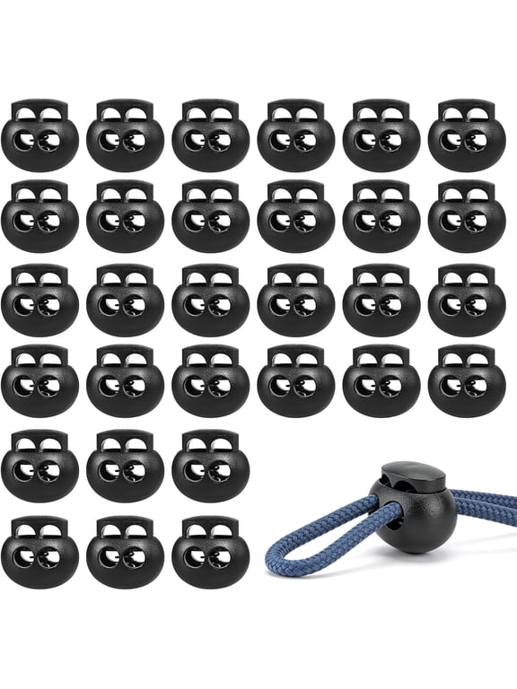 30 Pcs Black Plastic Spring Cord Lock Toggle Stopper, Double Hole Drawstring Cord Lock Fastener for Hoodies, Paracord, Shoelaces, Elastic Ropes and Bags