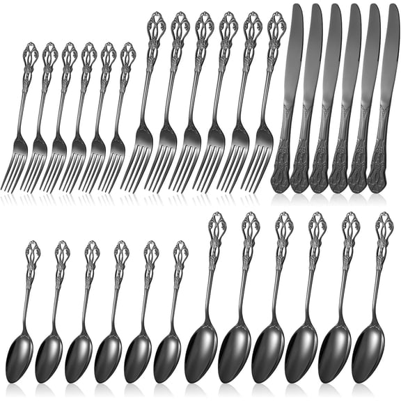 30 Pcs Black Silverware Set, Gorgeous Retro Royal Flatware Set for 6, Stainless Steel Mirror Polished Flatware Cutlery Set Includes Fork,s Spoons and Knives, Dishwasher Safe Utensils