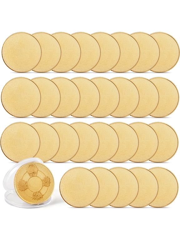 30 Pcs Blank Copper Coins, Set Of 40 Mm Solid Metal Commemorative Coins For Engraving, Threaded Edge Golden Collectible Pieces With Clear Plastic Casing For DIY Projects, Favors, Collections