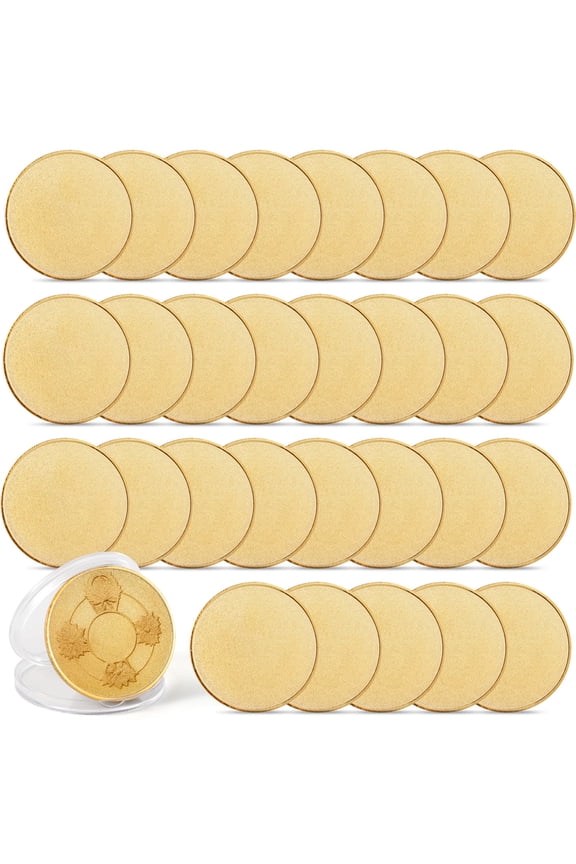 30 Pcs Blank Copper Coins, Set Of 40 Mm Solid Metal Commemorative Coins For Engraving, Threaded Edge Golden Collectible Pieces With Clear Plastic Casing For DIY Projects, Favors, Collections