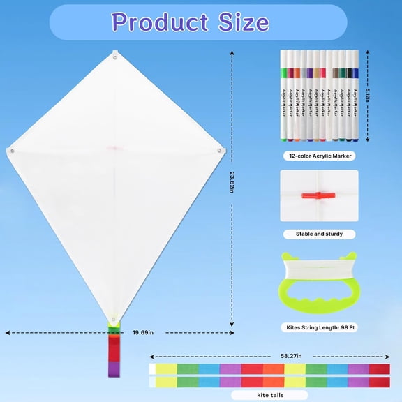 30 Pcs  Blank Kites for Kids in Bulk, Kite Making Kit for Kids, 23.6in Bulk Blank Diamond Kites for Painting with 30 Hand Grips, 98ft String & 3Packs x 12-color Pen - Easy to Fly Kite for Kid