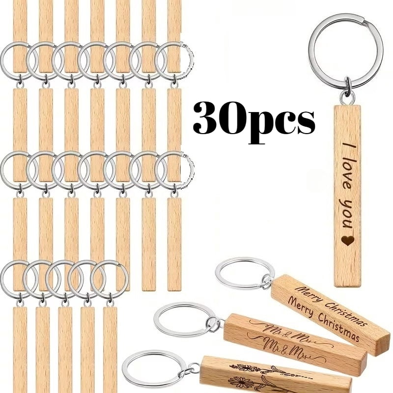 30 Pcs Blanks Wooden Keychain Bulk Laser Engraving Rectangle Unfinished DIY Key Tag for Crafts Gift