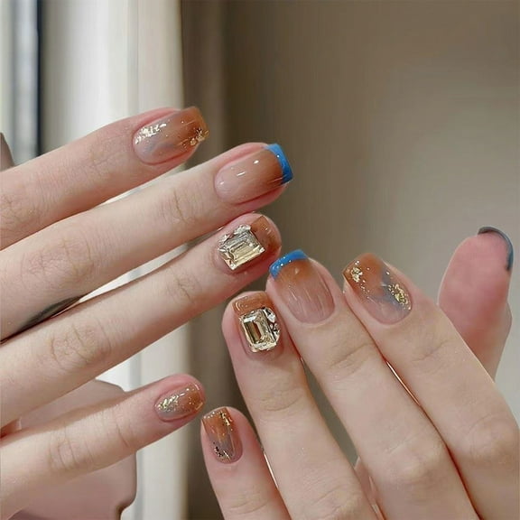 30 Pcs Blue French Tip Press On Nail Short False Nail Glittering Full Cover Stick on Nail Rhinestones Acrylic Nail