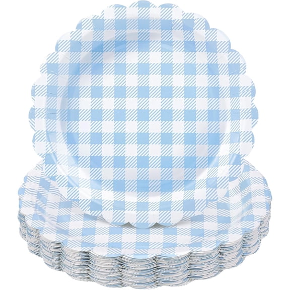 30 Pcs Blue Gingham Plates, 9 Inch Scalloped Blue Gingham Party Supplies Plaid Dessert Dinner Plates for Boy Baby Shower, Wedding, Birthday