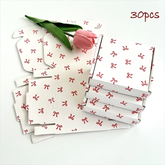 30 Pcs Bow Pattern Mini Gift Boxes, White Cardboard Favor Boxes with Red Bow Print for Birthday Party Wedding Small Business Packaging Summer Gift Wrapping