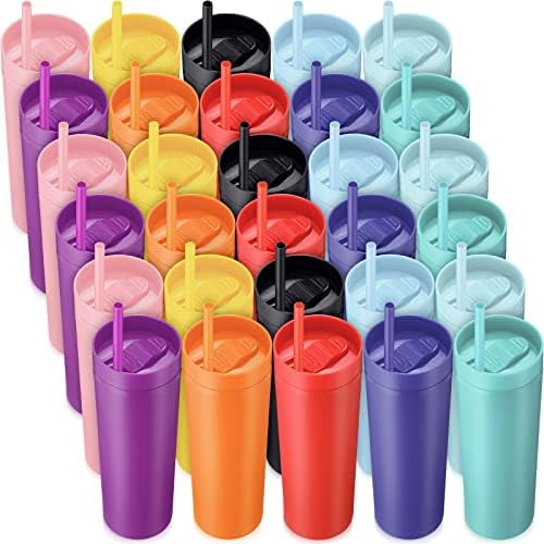 30 Pcs Bulk Skinny Tumblers with Lids and Straws 16 oz Matte Pastel Colored Plastic Mugs Reusable Double Wall Tumbler Cups for Home School Office Birthday Parties Vinyl DIY Gifts, 10 Assorted Colors