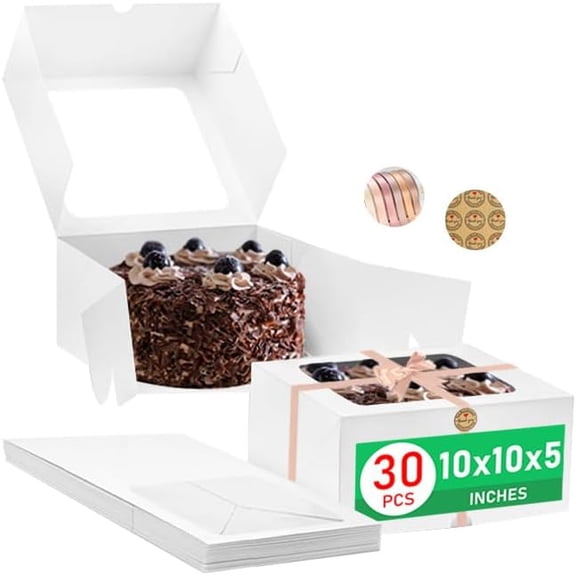 30 Pcs Cake Boxes 10 Inch with Window Clear Bakery Dessert Box Square White Large Disposable Pie Boxes Package for Bake Goods Paper Pastry Packaging Donut Delivery Box