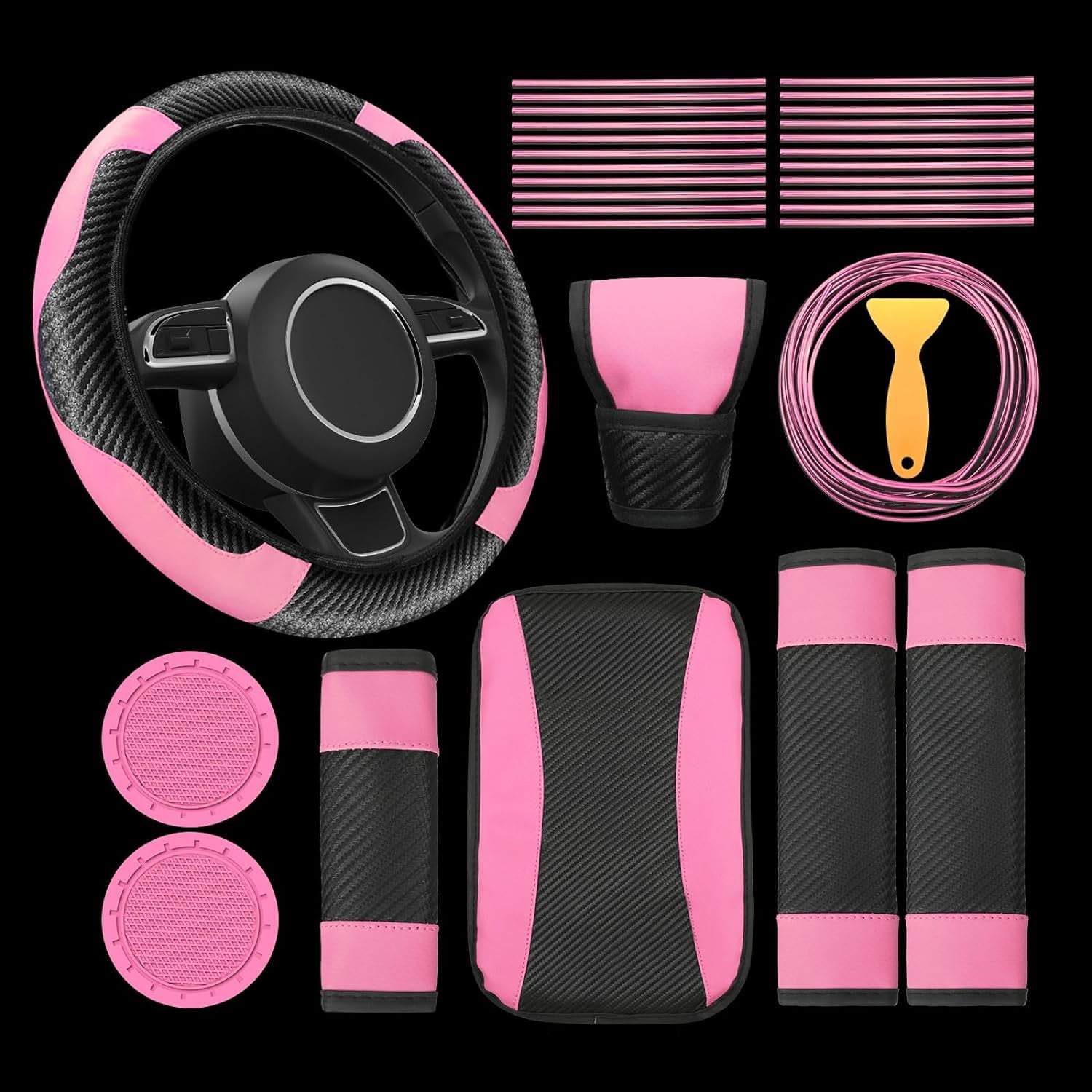 30 Pcs Car Accessories Set PU Leather Steering Wheel Cover Car Vent Trim Strips Air Conditioner Insert Strips with Installation Tool Auto Interior Accessories Gift, Pink and Black