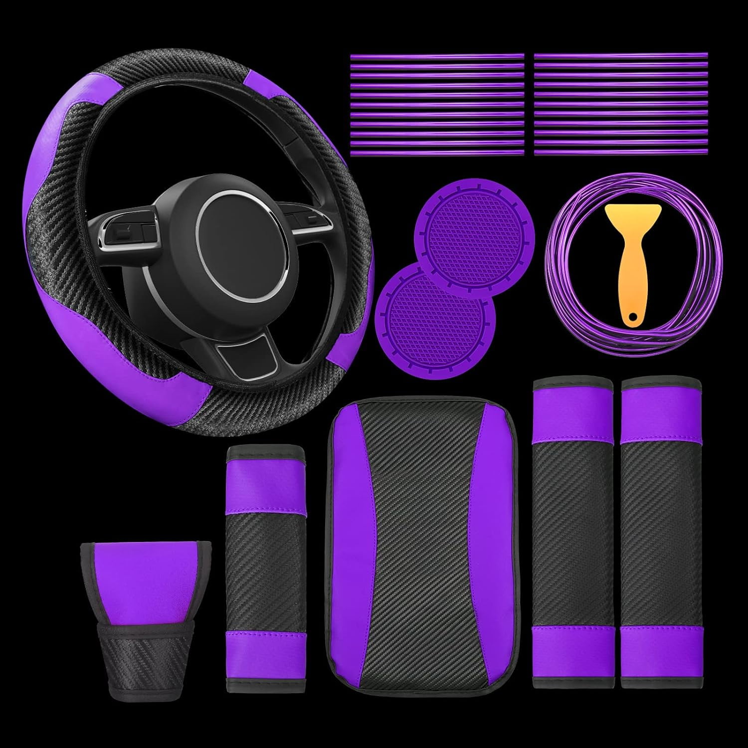 30 Pcs Car Accessories Set PU Leather Steering Wheel Cover Car Vent Trim Strips Air Conditioner Insert Strips with Installation Tool Auto Interior Accessories Gift, Purple and Black