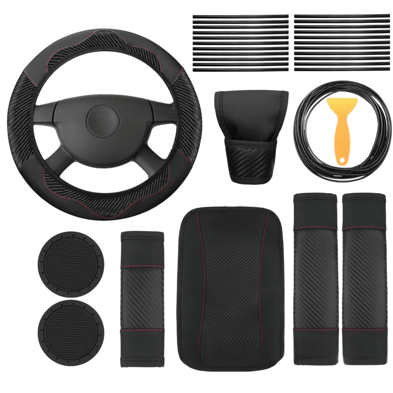 30 Pcs Car Interior Accessories Kit – PU Leather Auto Trim Set, Steering Wheel & Seat Belt Covers, Vent Strips (Floor Mats NOT Included)