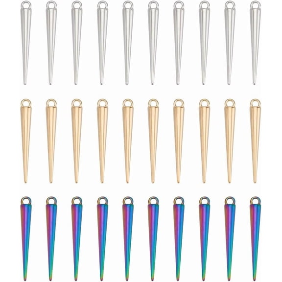 30 Pcs Charms Beads Cone Charms 1.4 inches Long Punk Charm Tibetan Style Beads Pendants for DIY Earring Bracelet Necklace Jewelry Making(Silver Golden and Rainbow Color) Multi-color