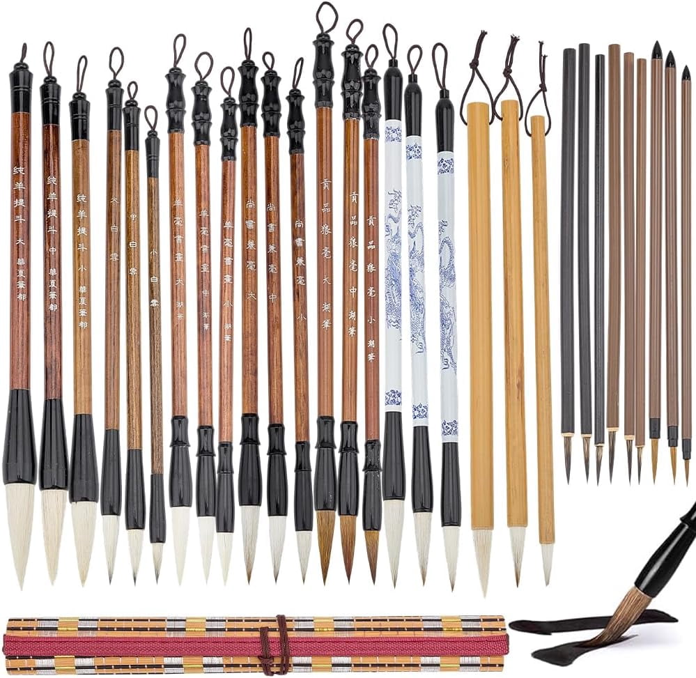 30 Pcs Chinese Calligraphy Brush Set Writing Painting Watercolor Ink Brushes with Roll up Bamboo Brush Holder Japanese Sumi Painting Brush Pens for Kanji Calligraphy Lover Gift Beginner Colorful