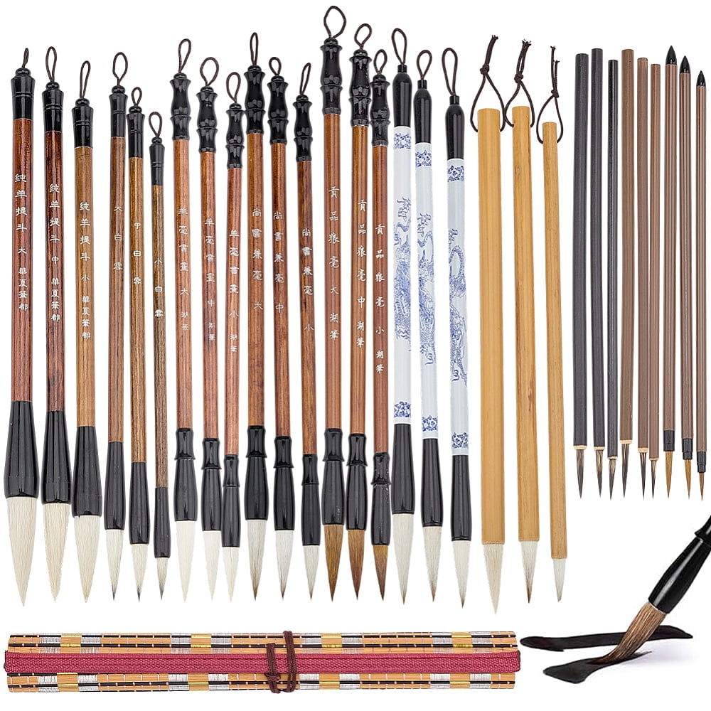 30 Pcs Chinese Calligraphy Brush Set Writing Painting Watercolor Ink Brushes with Roll up Bamboo Brush Holder Japanese Sumi Painting Brush Pens DIY