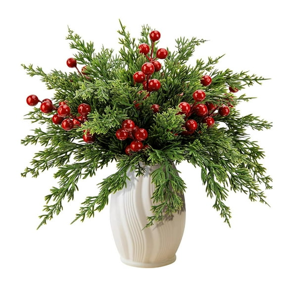 30 Pcs Christmas Artificial Pine Branches with Red Berry Stems, 10.5" Faux Evergreen Norfolk Pine Cypress Leaves Stems, Fake Foliage Pine Needles Picks for DIY Craft Garland Home Decor