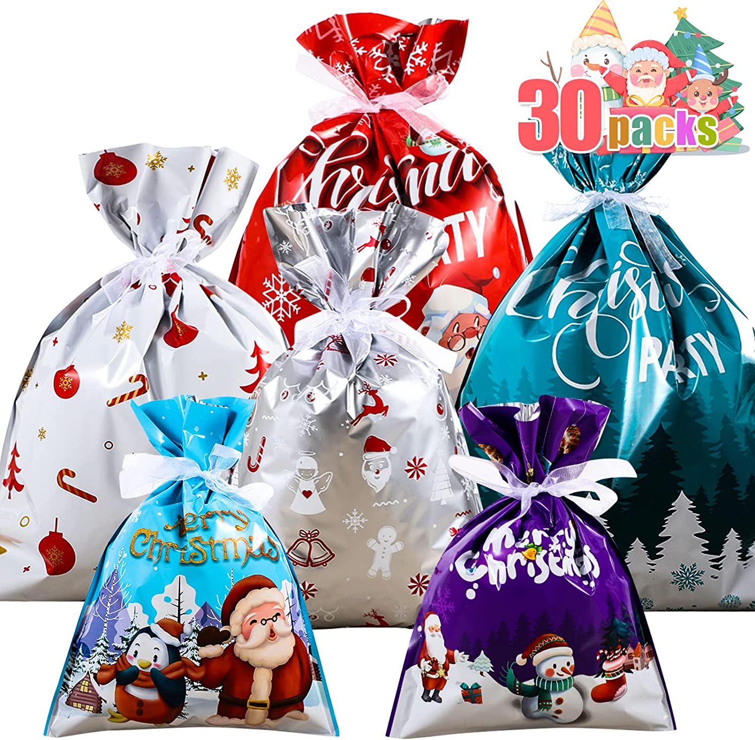 30 Pcs Christmas Gift Bags Festive Drawstring Wrapping Bags for