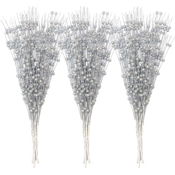 30 Pcs Christmas Glitter Berry Stems, Silver Christmas Decorations,17" Artificial Christmas Picks for Christmas Tree Ornaments, DIY Xmas Wreath, Crafts, Holiday and Home Decor (Silver)