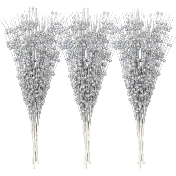30 Pcs Christmas Glitter Berry Stems, Silver Christmas Decorations,17" Artificial Christmas Picks for Christmas Tree Ornaments, DIY Xmas Wreath, Crafts, Holiday and Home Decor (Silver)