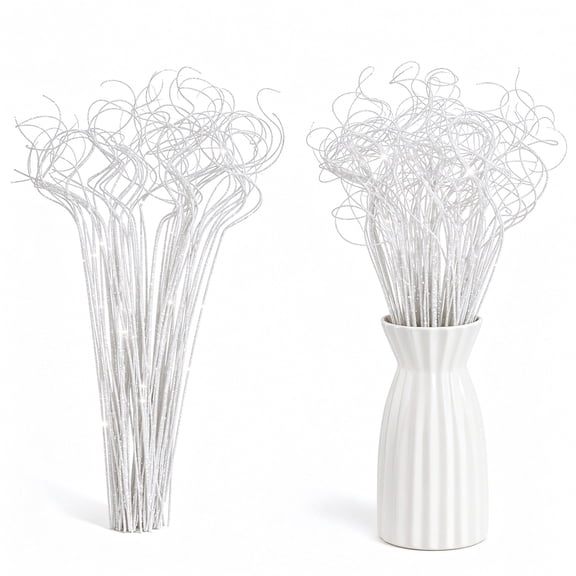 30 Pcs Christmas Glitter Curly Ting Ting Branches Artificial Curly Wispy Willow Twigs Stems Decorative Vase Filler Sticks for Christmas Tree Party Wedding Home Craft Decor (White)