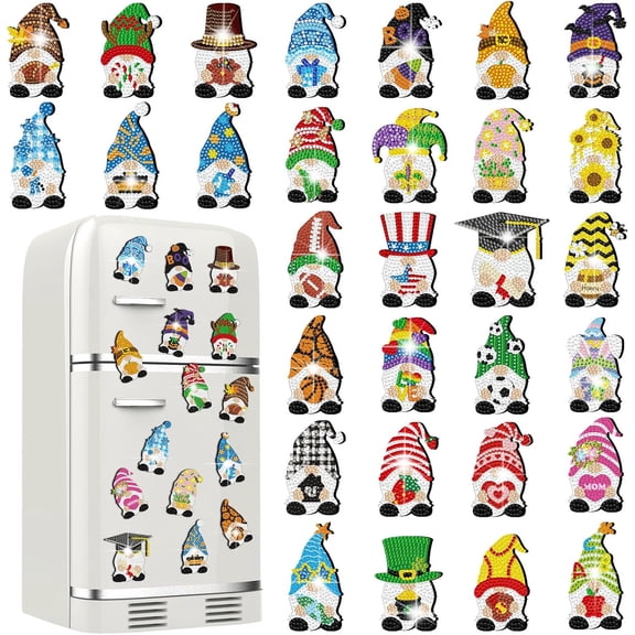 30 Pcs Christmas Gnome Diamond Painting Magnets Kits Seasonal Diamond Art Decor Holiday Seasonal Christmas Fridge Magnet Refrigerator Sticker DIY Craft for Beginners Adults Gifts Home Decor