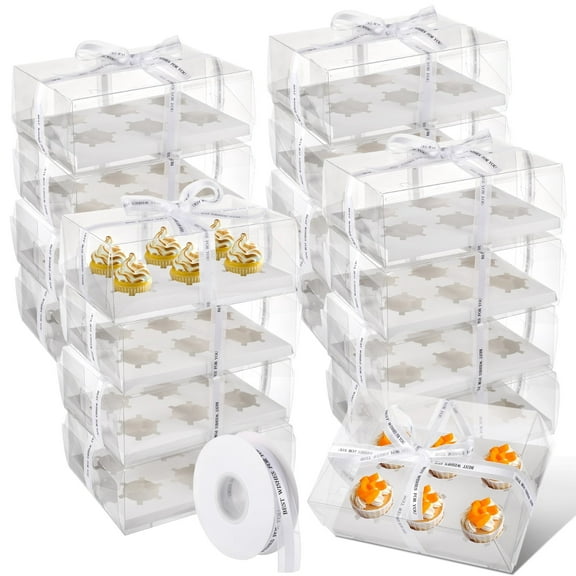30 Pack Clear Cupcake Boxes,6-Count Cupcake Containers with Gift Ribbon,Plastic Cupcake Carrier Holder Bakery Storage Container for Treat Dessert Cookies Desserts and Present Giving