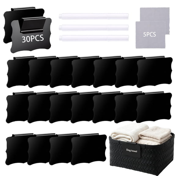 30 Pcs Clip‑On Chalkboard Basket Labels, Reusable Storage Bin Tags Include 3 Markers 5 Wipe Cloths for Pantry Kitchen Cupboard Organization