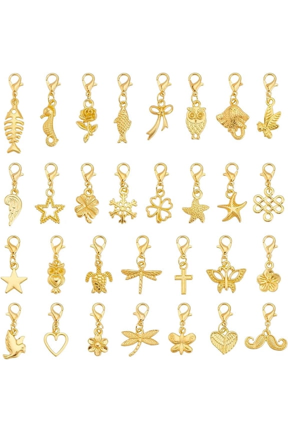 30 Pcs Clip on Beads Pendants Mixed Styles Dangle Beads Tibetan Alloy Pendant with Lobster Clasp Gold