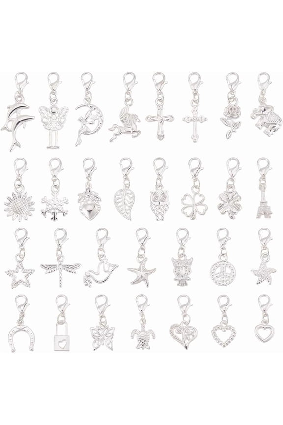 30 Pcs Clip on Beads Pendants Mixed Styles Dangle Beads Tibetan Alloy Pendant with Lobster Clasp for DIY Silver