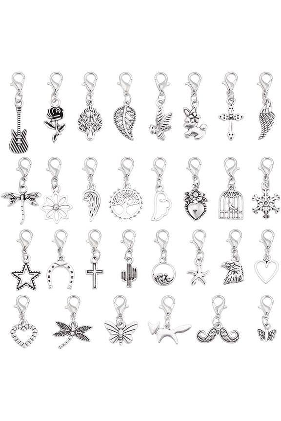 30 Pcs Clip on Beads Pendants Mixed Styles Dangle Beads Tibetan Alloy Pendant with Lobster Clasp for DIY