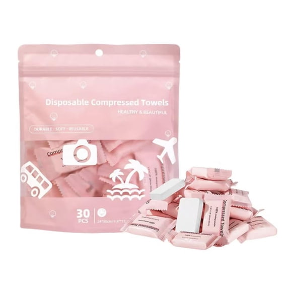 30 Pcs Compressed Towels, Disposable Face Towel Tablets, Portable Cotton Tissues, Soft Thick Expandable Towels for Travel, Camping, Home, Outdoor, Gym, Makeup Removal (Pink)