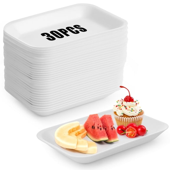 30 Pcs Craft Foam Plates, White Disposable Supermarket Trays for Poultry Meat Fruit, BBQ Grill Roast Food Serving Dishes, Rectangle DIY Painting Plates for Printmaking Handicraft
