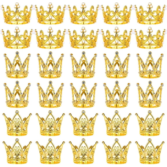 30 Pcs Crowns for Flower Bouquets, Gold Crown Cake Topper, Mini Crown for Flower Bouquet, Pearl Tiara Princess Gold Crown for Wedding Baby Shower Birthday Mothers Day Graduation Party Decor 3 Style