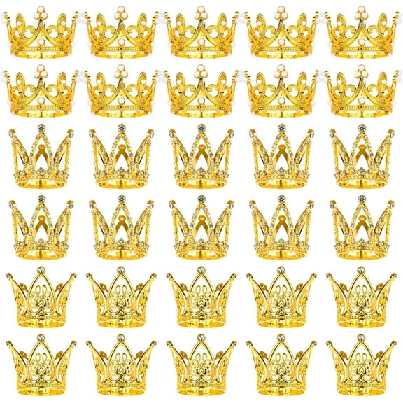 30 Pcs Crowns for Flower Bouquets Gold Napkin Rings Crown Cake Topper Mini Crown for Flower Bouquet Accessories Birthday Crowns Cupcake Toppers for Wedding Baby Shower Thanksgiving Day Decor, 3 Style