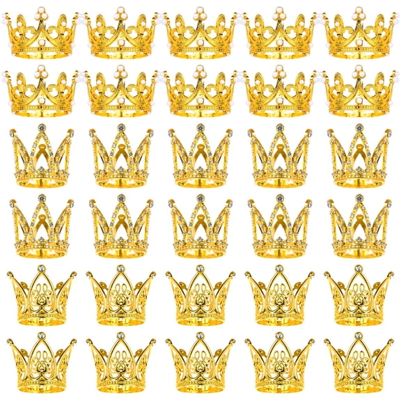 30 Pcs Crowns for Flower Bouquets Gold Napkin Rings Crown Cake Topper Mini Crown for Flower Bouquet Accessories Birthday Crowns Cupcake Toppers for Wedding Thanksgiving Day Decor, 3 Style