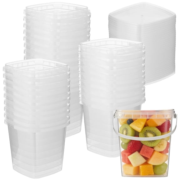 30 Pcs Deli Containers with Lids, 32 oz Square Plastic Food Storage Buckets with Handles, Clear Quart Containers, Leak-proof Food Prep Buckets, Freezer & Microwave Safe